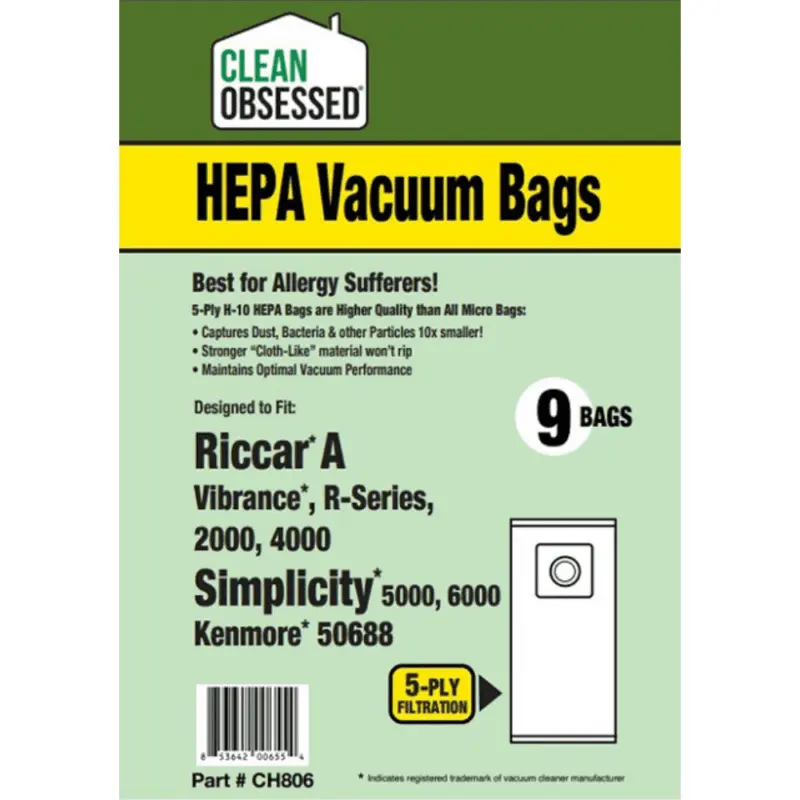 Type A hepa bags 9 pack cleanmax riccar simplicity